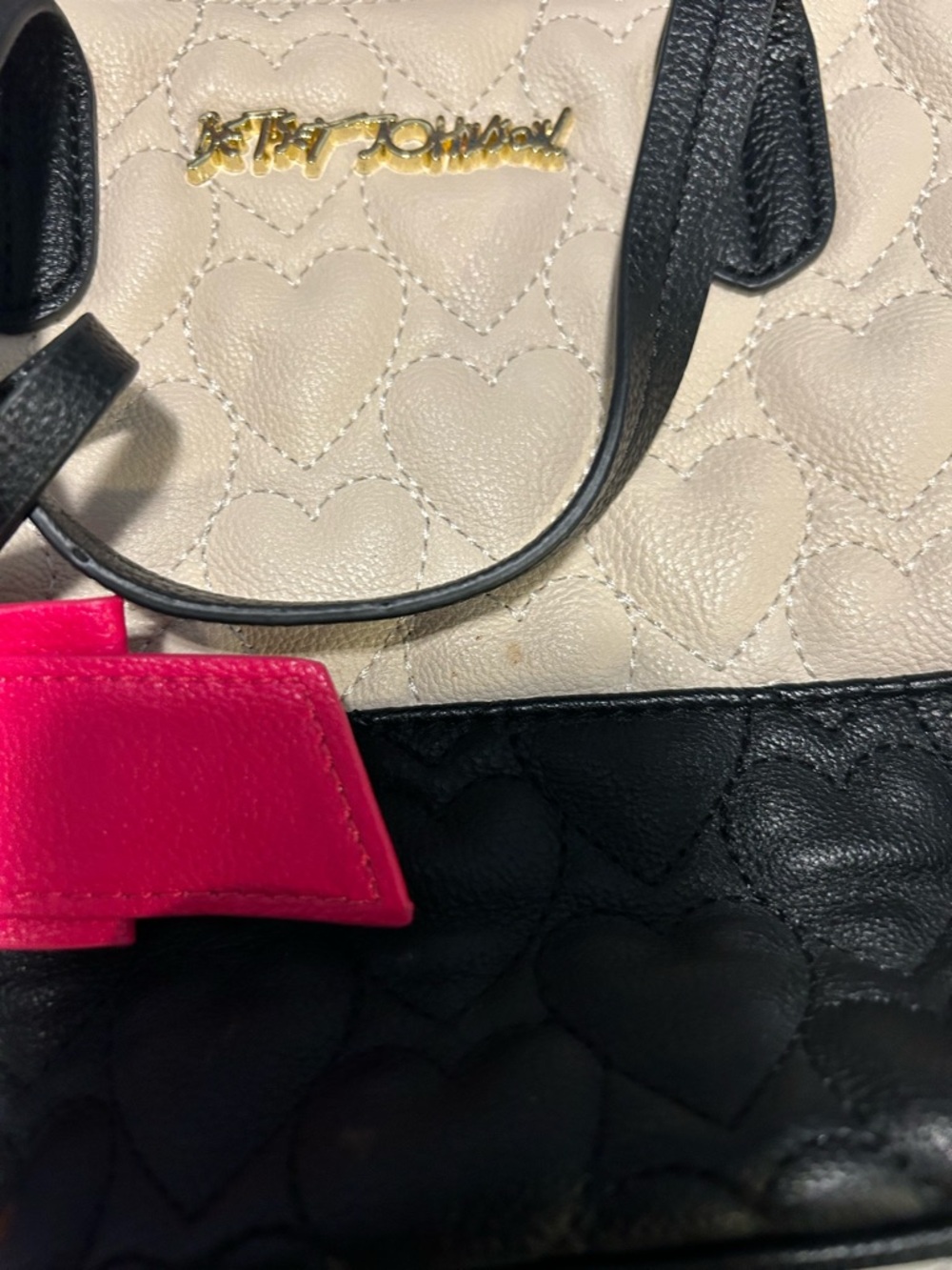 Betsey Johnson Cream, Black & Hot Pink Heart-Quilted Shoulder Bag - Picture 2 of 4